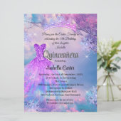 Quinceanera 15. Aschenputtel Lila Aquamarin Blau Einladung (Stehend Vorderseite)