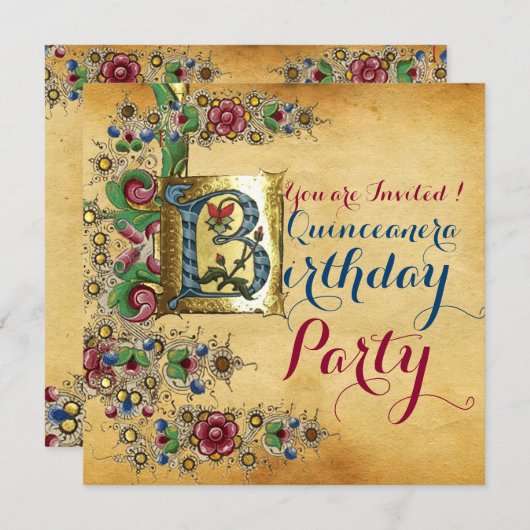 QUINCEANERA 15. BIRTHDAY PARTY FLORAL PARCHMENT EINLADUNG (Vorne/Hinten)