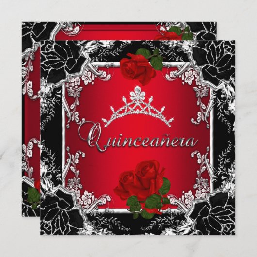 Quinceañera 15 Black Silver Tiara Rote Rose Floral Einladung (Vorne/Hinten)
