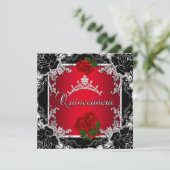 Quinceañera 15 Black Silver Tiara Rote Rose Floral Einladung (Stehend Vorderseite)