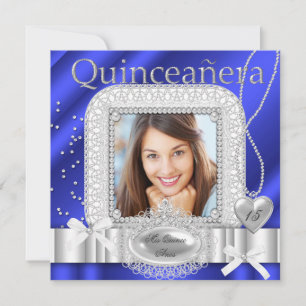 Quinceanera 15. Blau Weiß Spitze Perlen Foto Einladung
