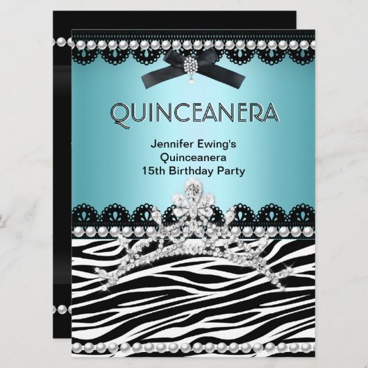 Quinceanera 15. Blauer Aquamariner Zebra Tiara Einladung (Vorne/Hinten)