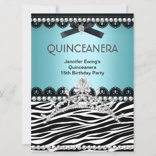 Quinceanera 15. Blauer Aquamariner Zebra Tiara Einladung (Vorderseite)