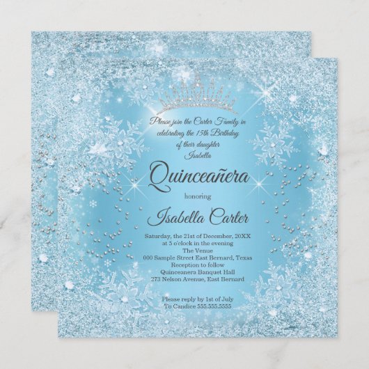Quinceanera 15. Blauer Schneeflocken Winter Geburt Einladung (Vorne/Hinten)