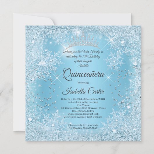 Quinceanera 15. Blauer Schneeflocken Winter Geburt Einladung (Vorderseite)