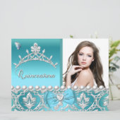 Quinceanera 15. Blue Damask Butterfly Foto hinzufü Einladung (Stehend Vorderseite)