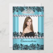Quinceanera 15. Blue Schwarz-weiß Lace Foto Einladung (Vorderseite)