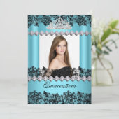 Quinceanera 15. Blue Schwarz-weiß Lace Foto Einladung (Stehend Vorderseite)