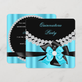 Quinceanera 15. Blue Silver Black Bow Diamonds 2 Einladung
