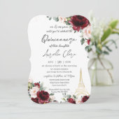 Quinceañera 15 Burgundy Blush Floral Eiffel Paris Einladung (Stehend Vorderseite)
