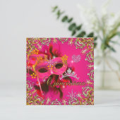 Quinceanera 15. Coral Pink Masquerade Party Gold Einladung (Stehend Vorderseite)