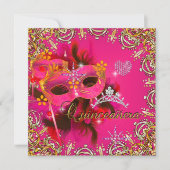 Quinceanera 15. Coral Pink Masquerade Party Gold Einladung (Vorderseite)