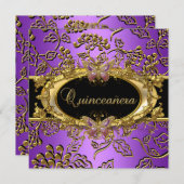 Quinceanera 15. Damask Lila Gold Black Einladung (Vorne/Hinten)