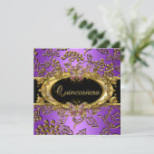 Quinceanera 15. Damask Lila Gold Black Einladung (Stehend Vorderseite)