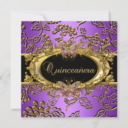 Quinceanera 15. Damask Lila Gold Black Einladung (Vorderseite)