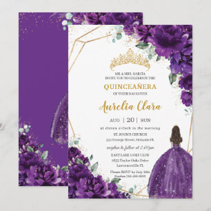 Quinceañera 15 Dark Royal Lila Dress Gold Floral Einladung