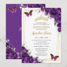 Quinceañera 15 Dark Royal Lila Floral Butterfly