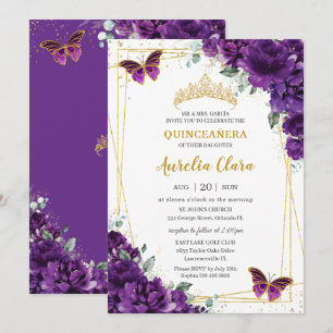 Quinceañera 15 Dark Royal Lila Floral Butterfly Einladung