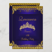 Quinceanera 15. Deep Blue Gold Diamond Tiara Einladung (Vorne/Hinten)