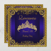Quinceanera 15. Deep Blue Gold Diamond Tiara Einladung (Vorne/Hinten)