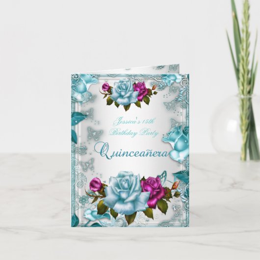 Quinceanera 15. Einladung Aquamarin Blue White Pin (Vorderseite)