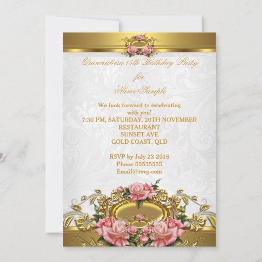 Quinceanera 15. Elegant Rosa Rose Weiß Einladung (Rückseite)