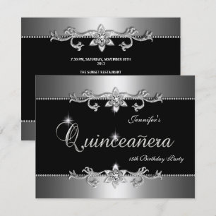 Quinceanera 15. Elegant Schwarz Silber Juwel Party Einladung