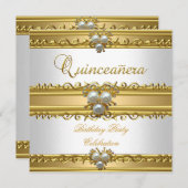 Quinceanera 15. Elegant White Gold Pearl Jewel Einladung (Vorne/Hinten)