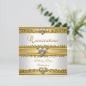 Quinceanera 15. Elegant White Gold Pearl Jewel Einladung (Stehend Vorderseite)