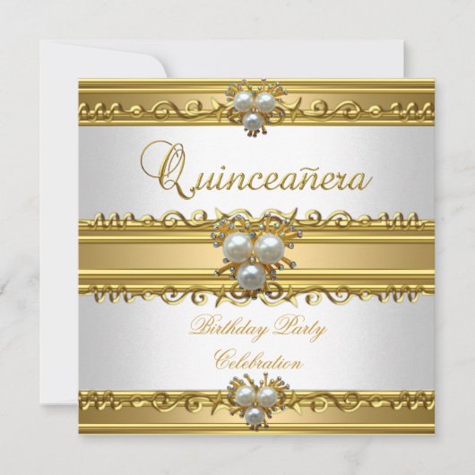Quinceanera 15. Elegant White Gold Pearl Jewel Einladung (Vorderseite)