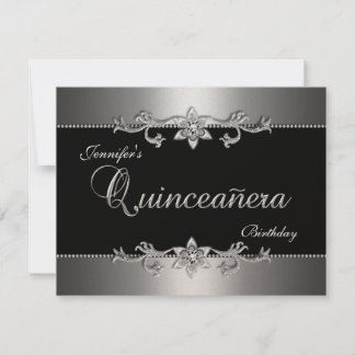 Quinceanera 15. Elegantes Black Silver Jewel Party Einladung
