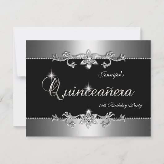 Quinceanera 15. Elegantes Black Silver Jewel Party Einladung (Vorderseite)