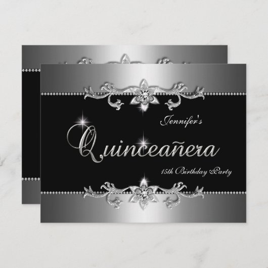 Quinceanera 15. Elegantes Black Silver Jewel Party Einladung (Vorne/Hinten)
