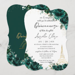 Quinceañera 15 Emerald Green Floral Eiffel Paris Einladung