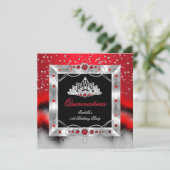 Quinceanera 15. Feather Red Pearl Glamour Einladung (Stehend Vorderseite)