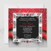 Quinceanera 15. Feather Red Pearl Glamour Einladung (Rückseite)