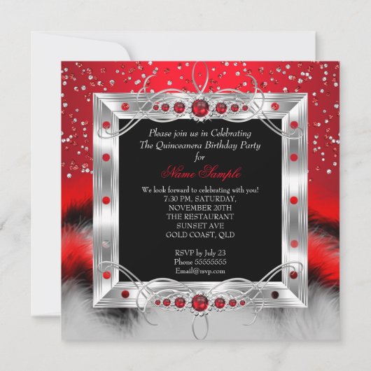 Quinceanera 15. Feather Red Pearl Glamour Einladung (Rückseite)