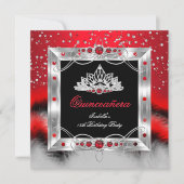 Quinceanera 15. Feather Red Pearl Glamour Einladung (Vorderseite)