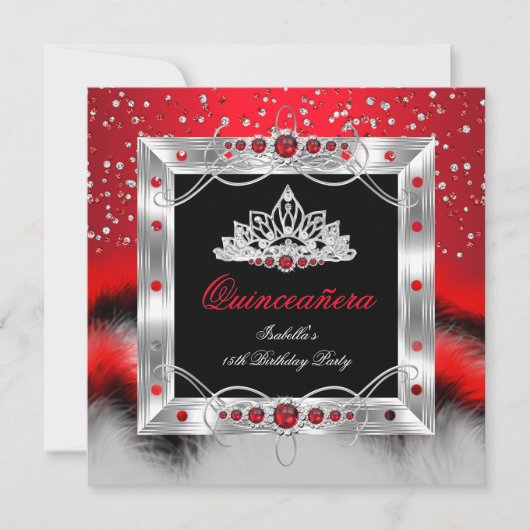 Quinceanera 15. Feather Red Pearl Glamour Einladung (Vorderseite)