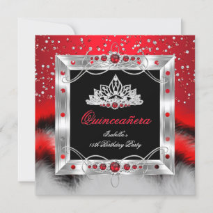 Quinceanera 15. Feather Red Pearl Glamour Einladung