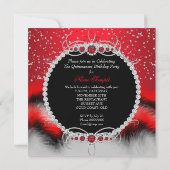 Quinceanera 15. Feather Red Pearl Glamour Heelse Einladung (Rückseite)