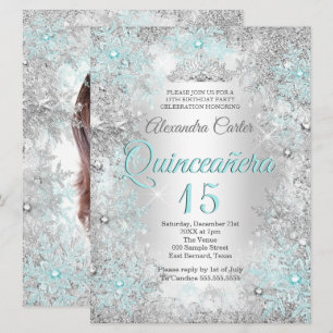 Quinceanera 15. Foto Silber Türkisblaue Schneefloc Einladung