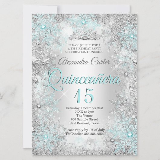 Quinceanera 15. Foto Silver Aquamarin blauer Schne Einladung (Vorderseite)