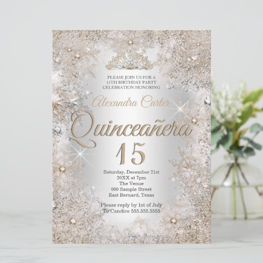 Quinceanera 15. Foto Silver Beige Schneeflocke Einladung (Stehend Vorderseite)