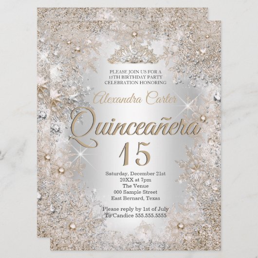 Quinceanera 15. Foto Silver Beige Schneeflocke Einladung (Vorne/Hinten)