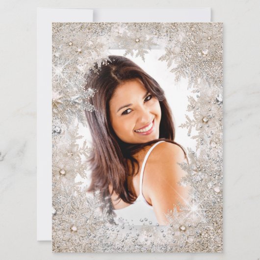 Quinceanera 15. Foto Silver Beige Schneeflocke Einladung (Rückseite)