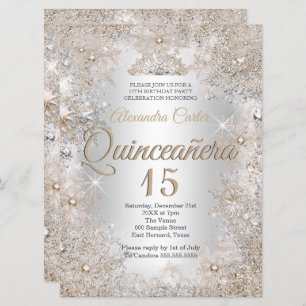 Quinceanera 15. Foto Silver Beige Schneeflocke Einladung