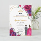 Quinceañera 15 Fuchsia Lila Lilac Floral Twins Einladung (Stehend Vorderseite)