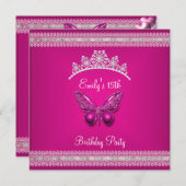 Quinceanera 15. Fushia Pink Tiara Butterfly Einladung (Vorne/Hinten)