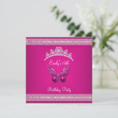 Quinceanera 15. Fushia Pink Tiara Butterfly Einladung (Stehend Vorderseite)